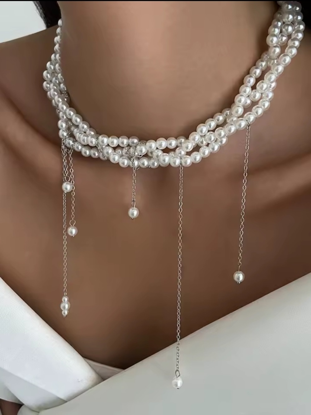 White Pearl Multi-Strand Choker with Dangle Chains